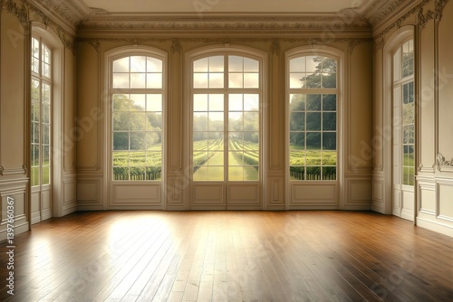 Photography backdrop, elegant classical french room with vineyard view through arched windows in golden light.