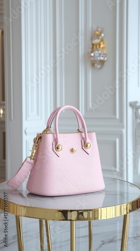 A pristine pink luxury handbag sits elegantly on a gold table against a backdrop of a sophisticated white interior perfect for a cleaning service banner or advertisement.