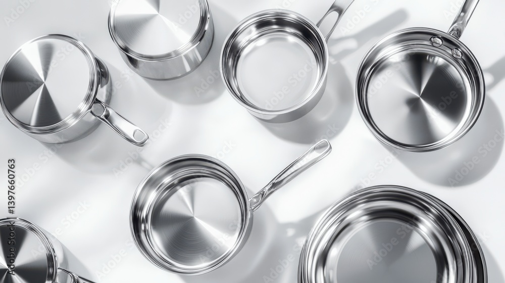 A photorealistic rendering of a stainless steel cookware set A photorealistic rendering of a stainless steel cookware set