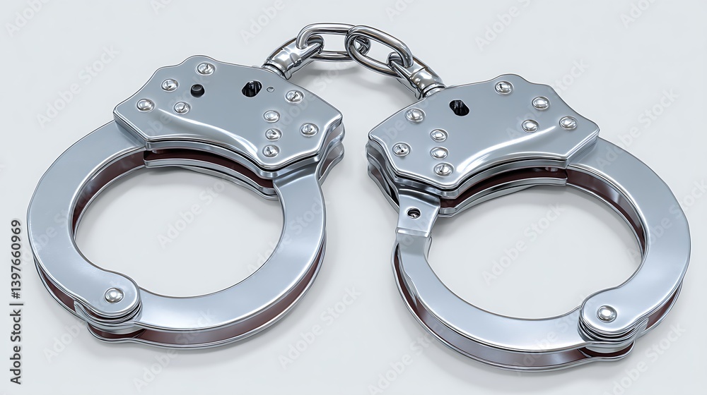 A pair of shiny silver handcuffs, symbolizing law, order, and the restrictions. This image represents themes of crime, justice, and the consequences of actions. A pair of shiny silver handcuffs, symbolizing law, order, and the restrictions. This image represents themes of crime, justice, and the consequences of actions.