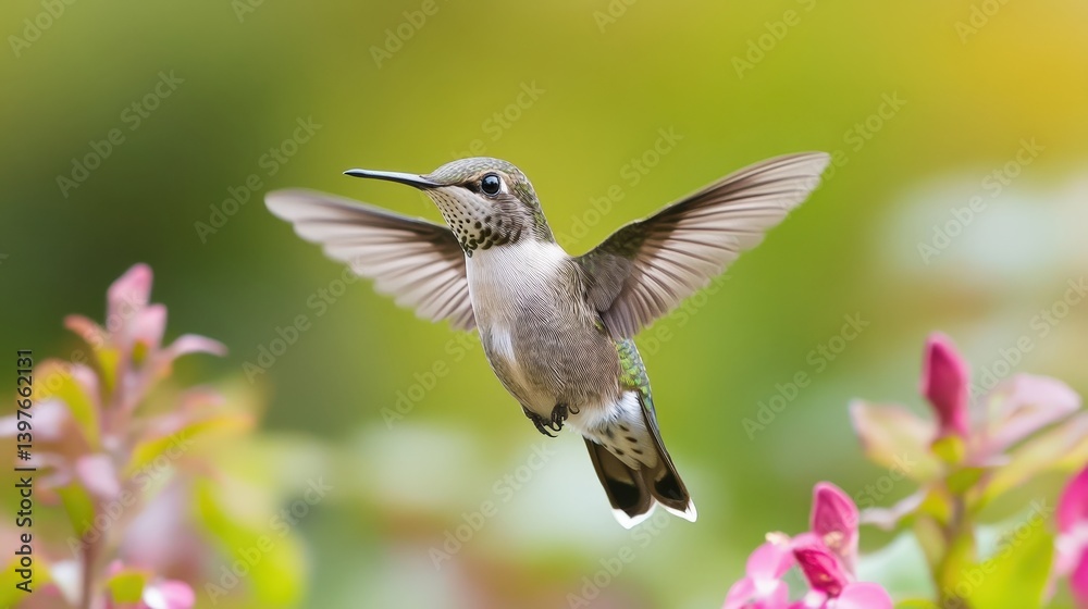 Fototapeta premium A tiny hummingbird hovering in mid-air, its wings beating rapidly as it sips nectar from a flower