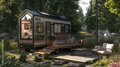 A tiny house on wheels, parked in a scenic location with a cozy outdoor seating area