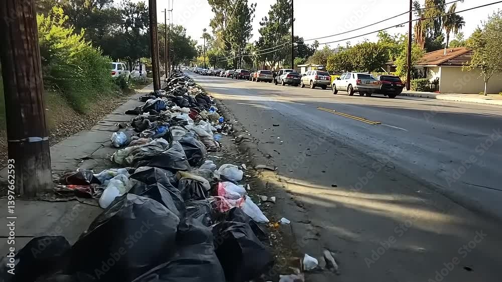 Littered street with overflowing garbage bags, showcasing urban neglect and environmental concerns