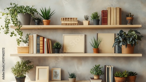 A beautifully arranged collection of greenery and books on wooden shelves against a textured wall, creating a cozy and inviting atmosphere in a living space