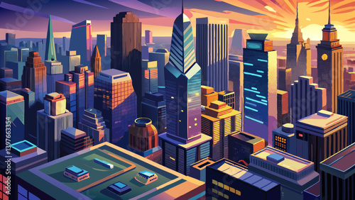 Aerial panorama of New York City skyscrapers at dusk as seen from above the 29th street, close to Hudson Yards and Chelsea neighborhood