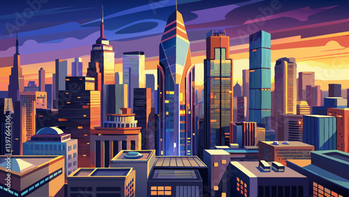 Aerial panorama of New York City skyscrapers at dusk as seen from above the 29th street, close to Hudson Yards and Chelsea neighborhood