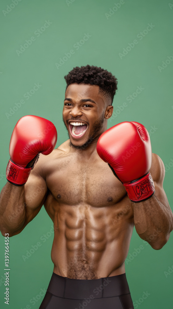 Enthusiastic boxer celebrates victory with bright smile and red gloves against a solid green backdrop Enthusiastic boxer celebrates victory with bright smile and red gloves against a solid green backdrop