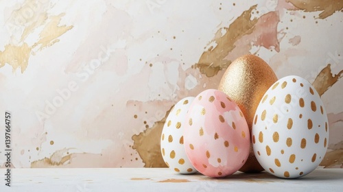Elegant Easter eggs in gold and blush pink tones against a textured watercolor background create a sophisticated and stylish sptime scene perfect for Easter cards or sptime