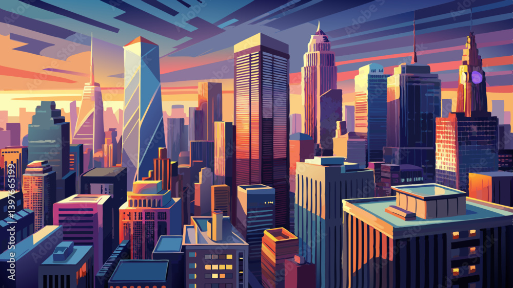 Obraz premium Aerial panorama of New York City skyscrapers at dusk as seen from above the 29th street, close to Hudson Yards and Chelsea neighborhood