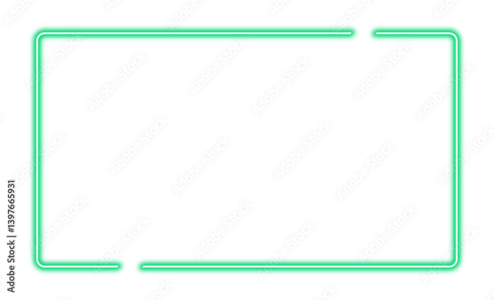 Luminous neon rectangular frame made of two pieces. Green frame on a transparent background. Luminous neon rectangular frame made of two pieces. Green frame on a transparent background.