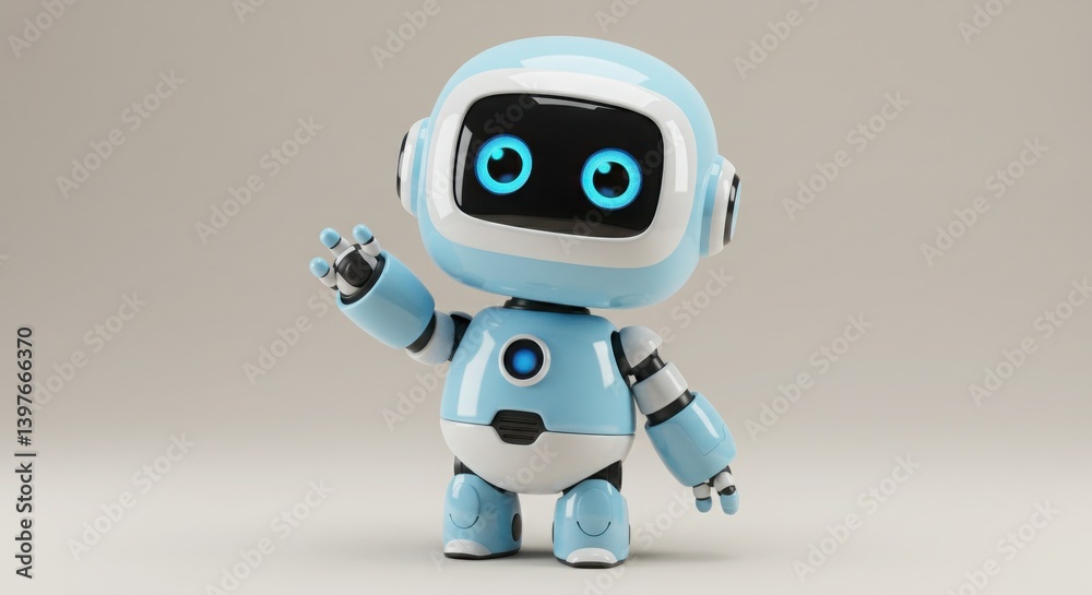 Cute 3D cartoon robot with toy-like proportions and glossy finish in soft blue and white colors Cute 3D cartoon robot with toy-like proportions and glossy finish in soft blue and white colors