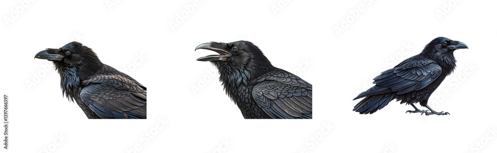 Fototapeta premium Raven portraits nature wildlife dark environment. Cut out png set