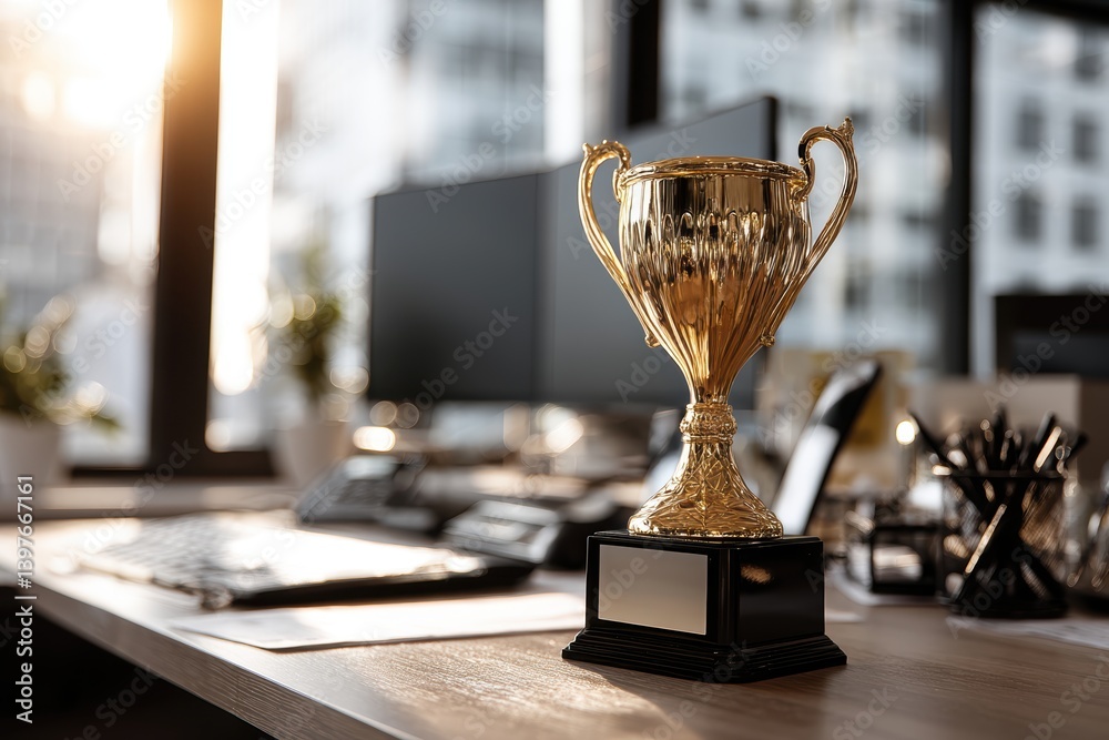 Gold trophy cup on desk in office, award for best work results and professional success in corporation