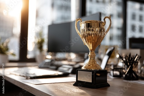 Obraz na płótnie Gold trophy cup on desk in office, award for best work results and professional success in corporation w salonie