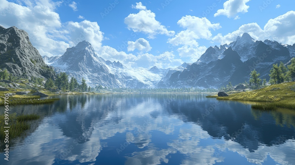 Fototapeta premium A tranquil lake surrounded by towering mountains, mirroring the blue sky above.