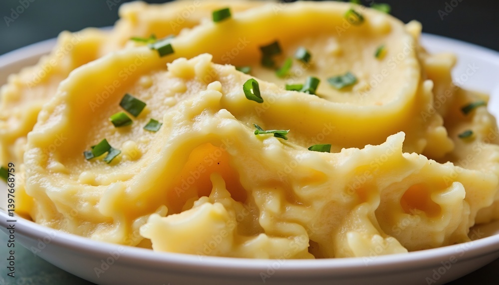 Creamy Mashed Potatoes Topped With Fresh Chives Garnished On A White Plate Creamy Mashed Potatoes Topped With Fresh Chives Garnished On A White Plate