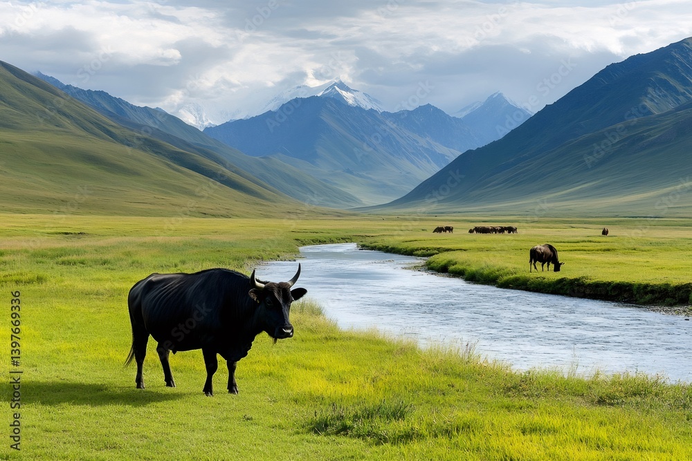 Black bull grazing in green valley with snowy mountain peaks Black bull grazing in green valley with snowy mountain peaks