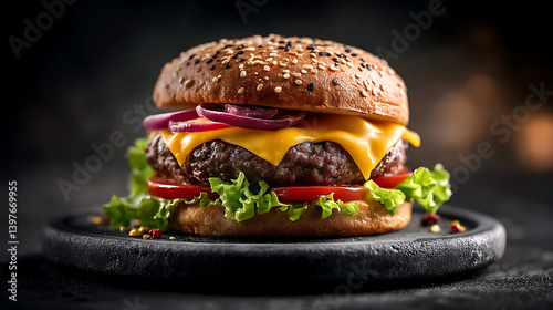 Juicy burger with melted cheese gourmet fast food photography top view crispy ingredients dark background