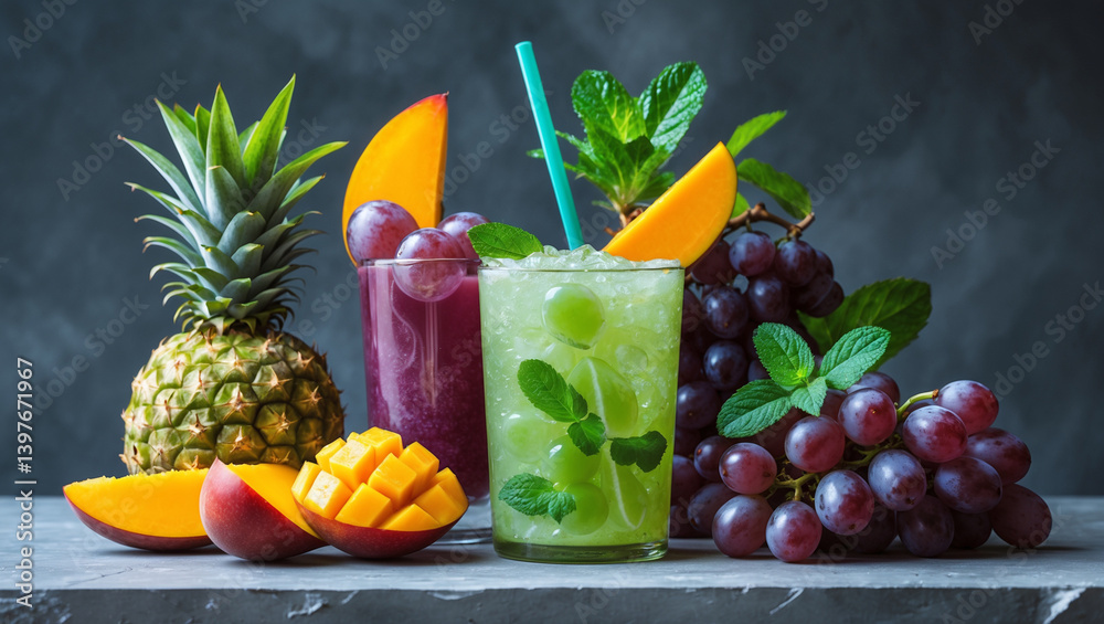 Fresh Tropical Fruit Juices With Pineapple Mango And Grapes Still Life Fresh Tropical Fruit Juices With Pineapple Mango And Grapes Still Life