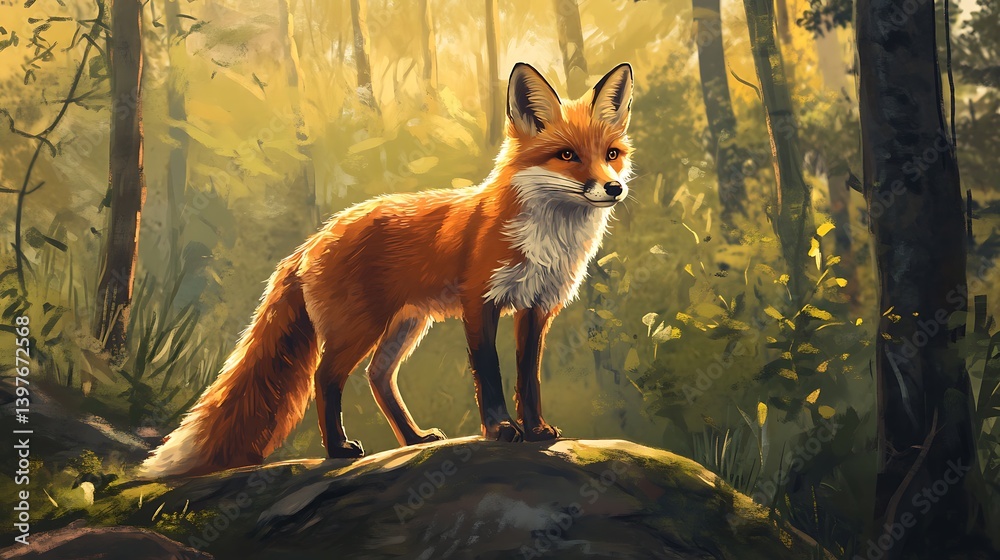 Naklejka premium Cartoon wildlife fox with glowing fur details high resolution picture