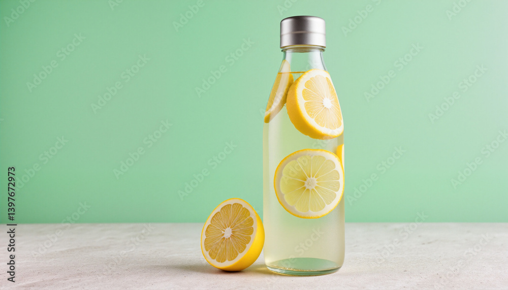 Reusable glass water bottle with lemon slices floating inside, positioned on a soft stone-textured surface with a mint background, Healthy Meal Delivery