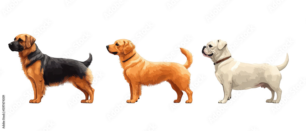 Fototapeta premium Three distinct dog breeds standing in profile, showcasing their unique features and colors (1)