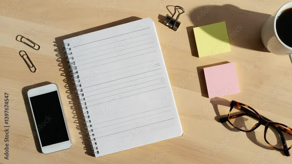 Schreibtisch mit Notizbuch, Smartphone und Kaffeetasse im Morgenlicht

