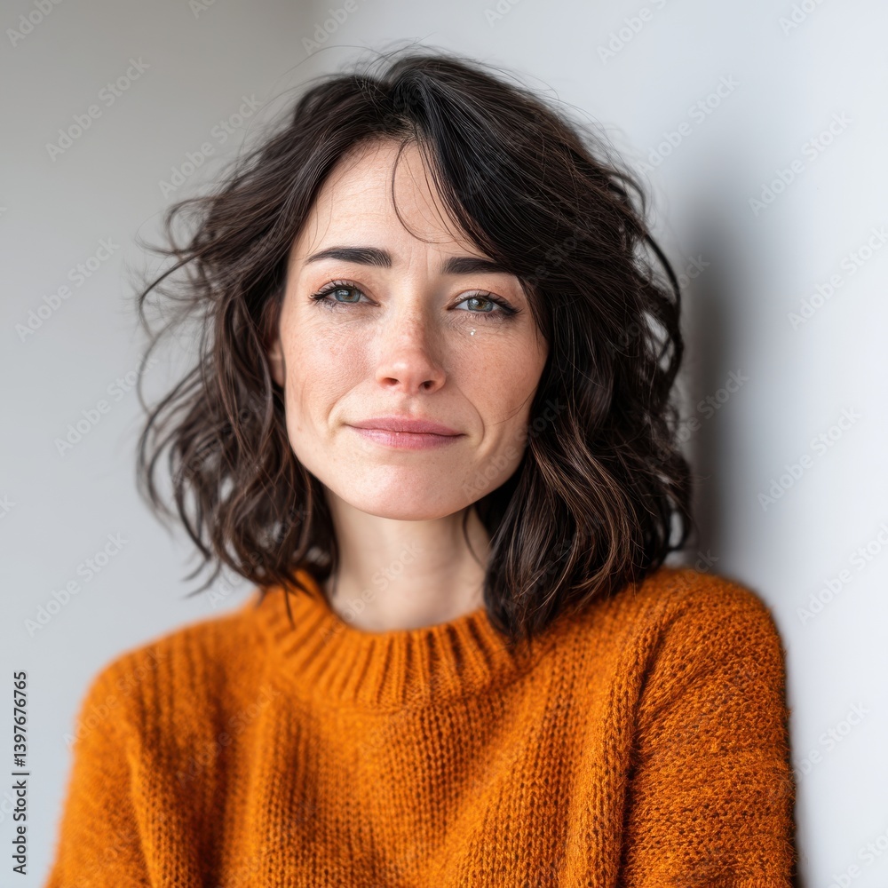 Fototapeta premium smiling depression smiling face silence concept. Smiling woman with wavy hair in a cozy sweater against a neutral background.