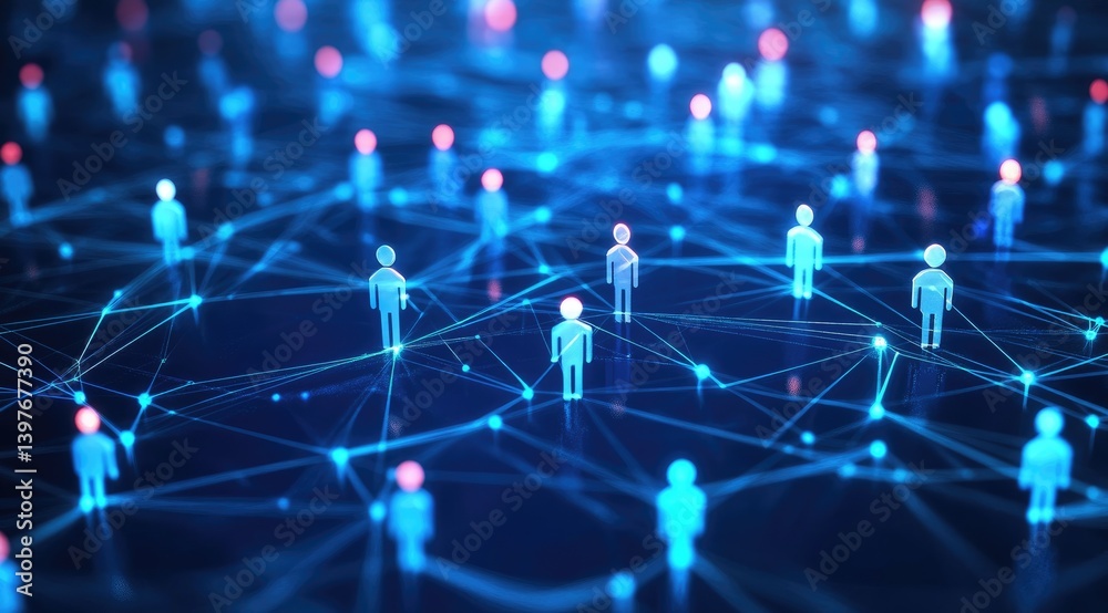 Abstract digital network with glowing people icons and social media connections on a blue background, a business technology concept. Abstract digital network with glowing people icons and social media connections on a blue background, a business technology concept.