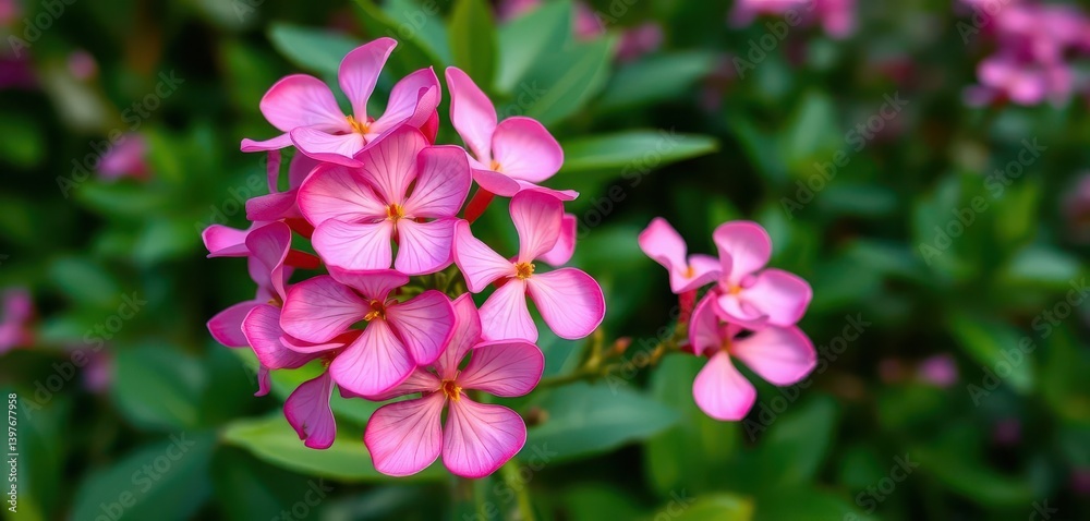 Pink Adenium obesum blossoms in sharp focus, lush green foliage blurred background, nature, bright, garden photography Pink Adenium obesum blossoms in sharp focus, lush green foliage blurred background, nature, bright, garden photography