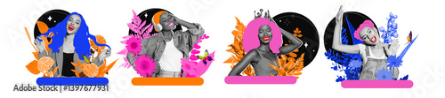 Obraz na plátně Vibrant collage artwork featuring colorful illustrations and modern designs, ble