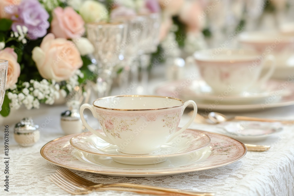 Elegant Pink Floral Teacup and Saucer Set on Lace Tablecloth Romantic Wedding or Bridal Shower Decor Elegant Pink Floral Teacup and Saucer Set on Lace Tablecloth Romantic Wedding or Bridal Shower Decor