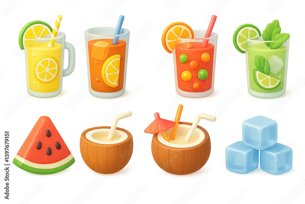 3D vector icons of summer beverages: Lemonade, Iced tea, Fruit punch, Mojito, Smoothie, Watermelon slice, Coconut drink, Ice cubes. Cool 3D design with fresh colors 3D vector icons of summer beverages: Lemonade, Iced tea, Fruit punch, Mojito, Smoothie, Watermelon slice, Coconut drink, Ice cubes. Cool 3D design with fresh colors