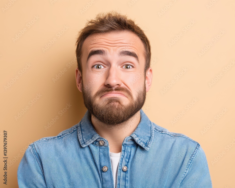 Obraz premium smiling depression smiling face silence concept. Confused man with a beard against a light orange background.