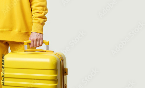 A female hand in yellow clothes holding yellow travel suitcase, isolated on simple light background with empty copy space for text. Travel concept.