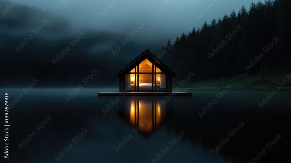 Fototapeta premium Serene Lakeside Cabin at Dusk