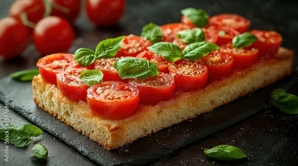 Roasted tomato basil flatbread on dark slate Roasted tomato basil flatbread on dark slate