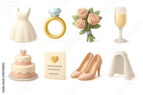 3D icons of wedding accessories: Wedding dress, Ring, Bouquet, Champagne glass, Wedding cake, Invitation, Shoes, Veil. Elegant 3D design with soft reflections