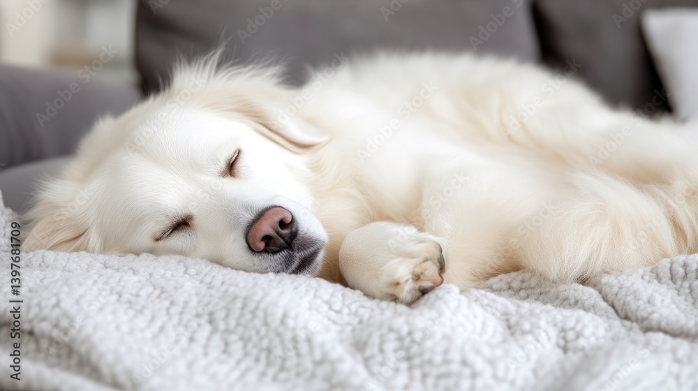 Fototapeta premium Fluffy white dog sleeping soundly