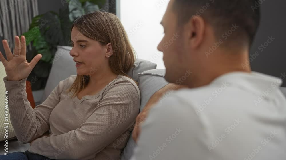 Man and woman sitting on couch talking in a cozy living room setting, conveying a sense of relationship, home, and communication. Man and woman sitting on couch talking in a cozy living room setting, conveying a sense of relationship, home, and communication.