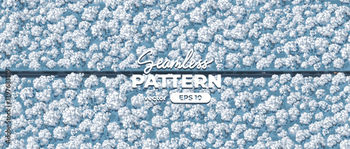 Seamless pattern. Top view of a forest. View from above. Trees under white snow. Winter. Wild nature landscape. Car on a road. Countryside highway. Vector illustration. Adventure banner.
