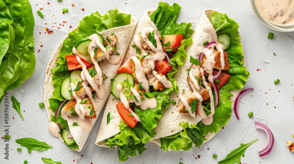 Top view of falafel wraps with tahini drizzle, lettuce, tomato, and red onion parts Top view of falafel wraps with tahini drizzle, lettuce, tomato, and red onion parts