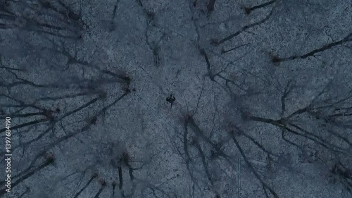 A drone maneuvers overhead, tracking a man as he navigates through a desolate forest during winter. Trees dominate the landscape, creating an eerie atmosphere