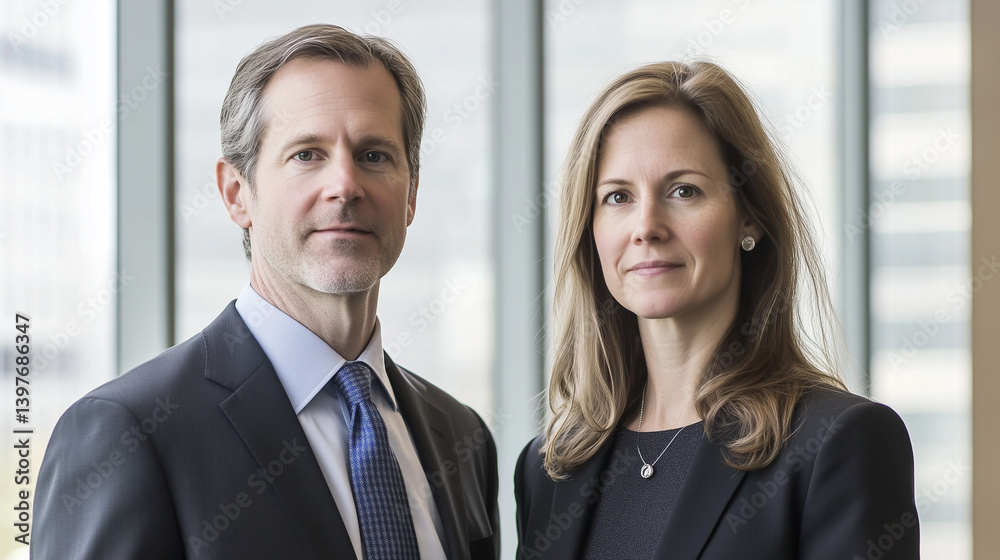 Two confident business professionals in formal attire -- professionalism and success in the modern workplace Two confident business professionals in formal attire -- professionalism and success in the modern workplace