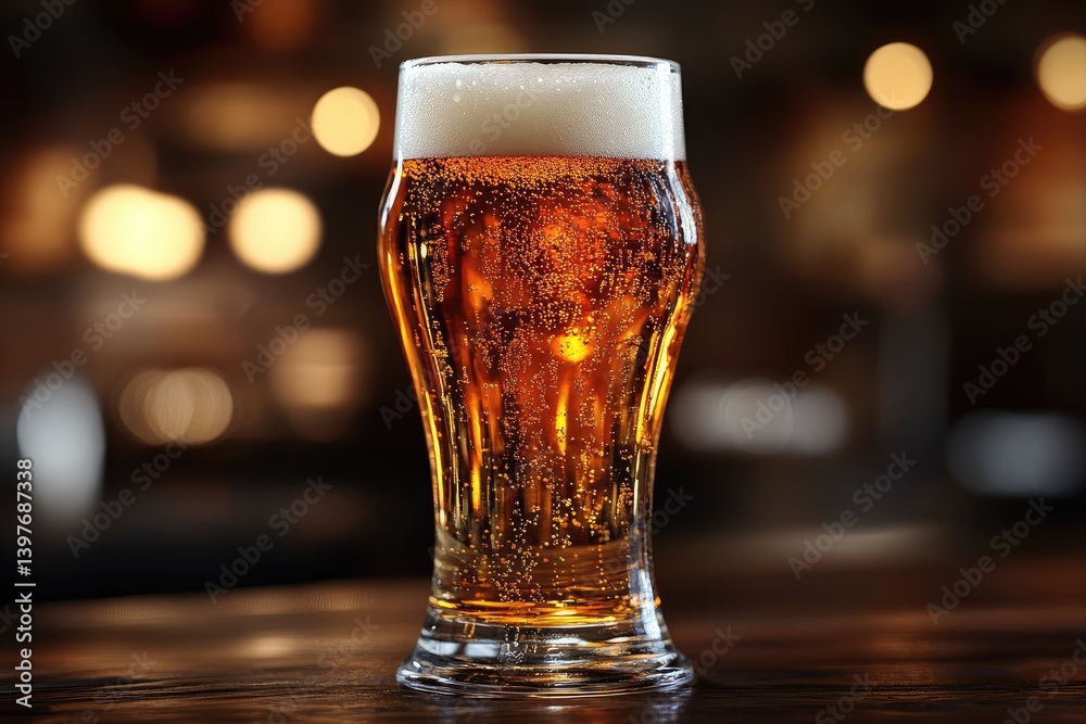 Frothy beer in glass. Golden beverage with bubbles, blur background