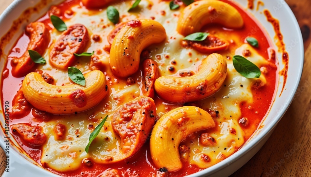 Baked Pasta With Sausage And Tomato Sauce In A Dish Close Up Baked Pasta With Sausage And Tomato Sauce In A Dish Close Up