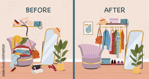 Boudoir  before and after cleaning. Flat style cartoon vector illustration