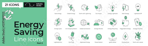 Saving energy Line Editable Modern Icons set in green color. Perfect for web, apps, infographics, UI/UX. Editable stroke.