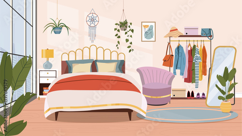 Bedroom interior. Comfortable bed, window,  chai, clothes and mirror. Vector flat cartoon illustration