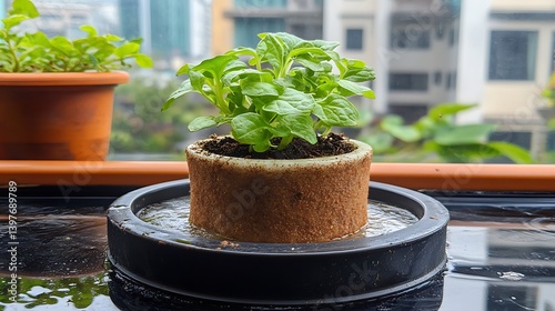 A small plant in a unique, cylindrical, self-watering pot.